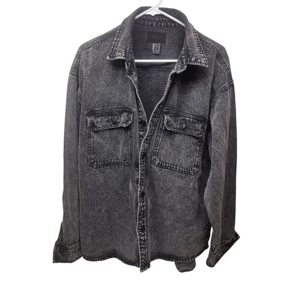 Y2K Grunge Black Acid Wash Denim Jean Shacket Forever 21 Men S Like New - Picture 2 of 7